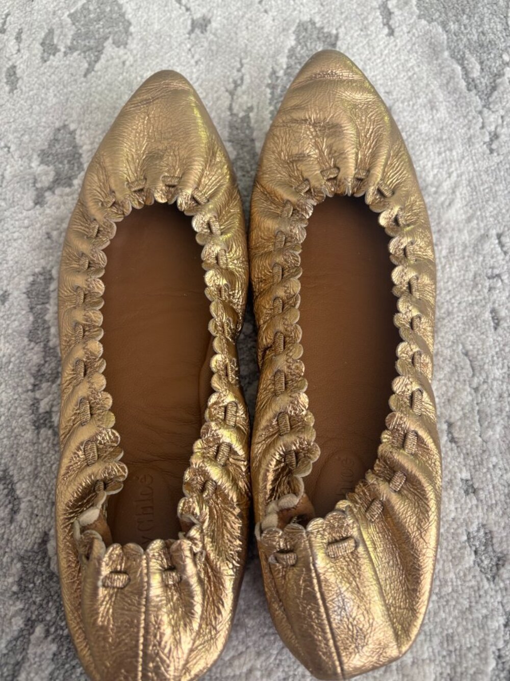 See By Chloe Metallic Gold Ruched Leather Flats - Picture 6 of 7